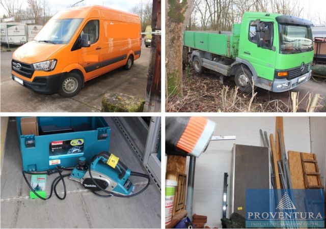 You are currently viewing Insolvenzversteigerung 58 Pos. Inventar Hausmeisterservice: Transporter HYUNDAI H350 Maxi EZ 2019, Lkw Kipper MERCEDES-BENZ Atego 818, Werkzeuge MAKITA u. FEIN, Gerüst, Gerüstaufzug etc. – 34346 Hann. Münden – 17.03.2022 – 09:00:00