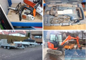 Read more about the article Insolvenzversteigerung Garten- und Landschaftsbau ab 2017 ca. 100 Pos. u.a.. Minibagger KUBOTA KX027-4 Bj. 2020, div. Elektro-Kippanhänger, Rüttelplatten, Abroll-Citymulde 4 m³, Akku-Werkzeuge STIHL etc. – Raum 37136 Samtgemeinde Radolfshausen – 19.04.2023 – 09:00:00