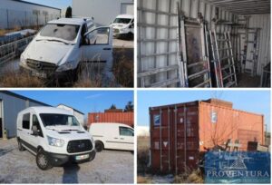 Read more about the article Insolvenzversteigerung Trockenbau: 146 Pos.  FORD Transit DoKa 125T350 EZ 2019, Mercedes-Benz Vito 110 CDI EZ 2013, 20-Fuß Container, Rollgerüst LAYHER 26 Rahmen, Palettenregale, Werkzeuge, Zimmertüren, Büro etc. – Raum 06188 Halle Saale – 22.02.2024 – 11:30:00