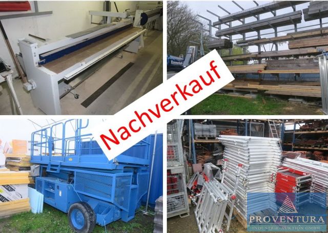 You are currently viewing Nachverkauf zu Teil 1 Insolvenz-Auktion: 500 Pos. eines Dachdecker und Zimmereibetriebes: Tafelschere SCHRÖDER HS 3000, Abkantbank SCHRÖDER HK 3000, viele Werkzeuge, viel Bauholz, Dachklempnermaterial, viele Leitern, Schrägaufzug BÖCKER – 38239 Salzgitter – 18.06.2024 – 08:00:00